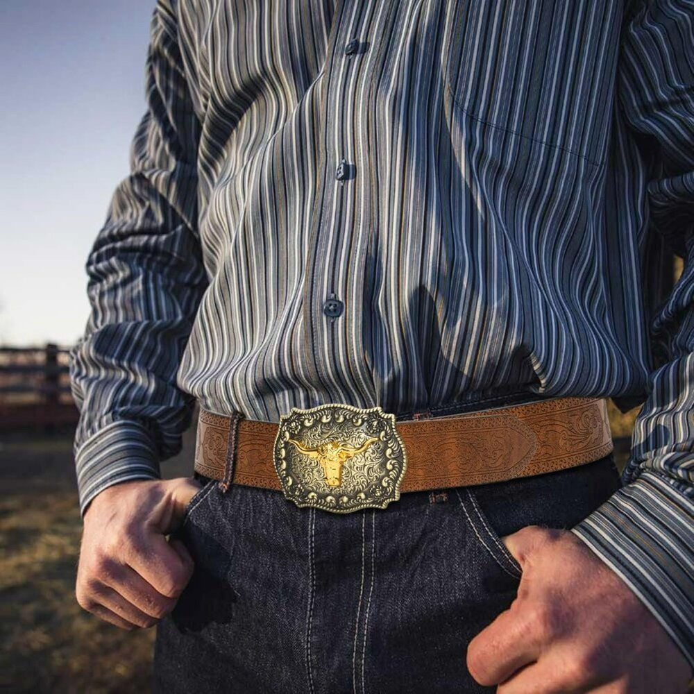 Western Cowboy Belts for Men Women - Bull Buckle Vintage Floral Engraved Belt fo - Picture 4 of 6